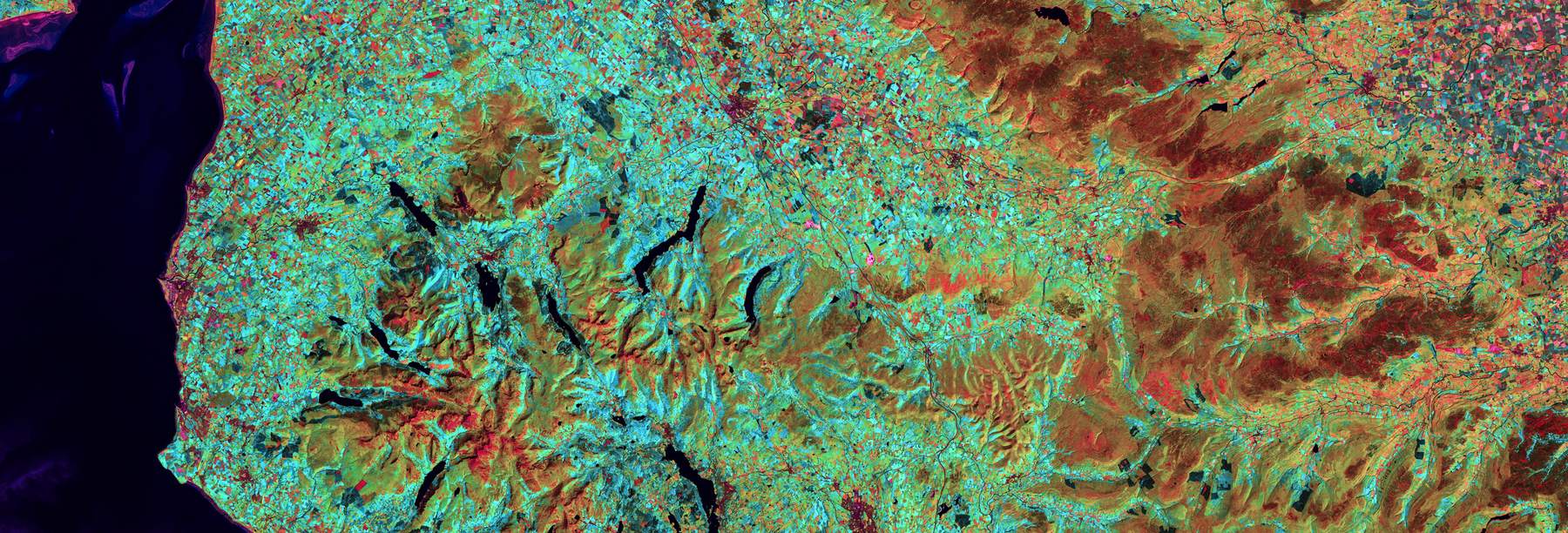 False-color aerial image of a coastline where land meets deep water.